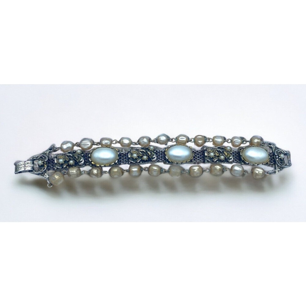 Vintage Midcentury Mesh and Pearl 3 Strand Chain Bracelet 7.5"